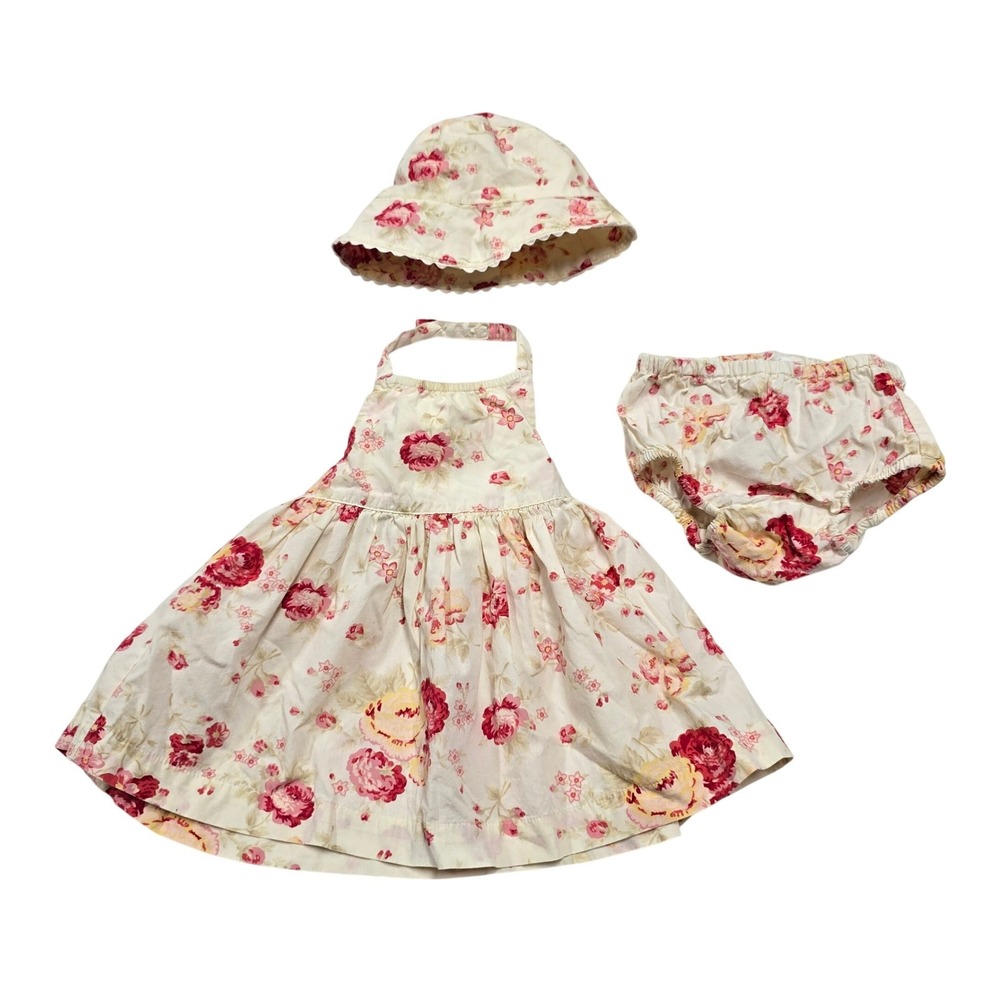 Baby Gap Vintage 1999 Floral Halter Dress Set 3-6 Months Cream Red Rose Shabby